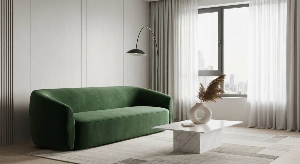 Apartment living room with a bold statement sofa, minimal decor, and a modern balanced interio