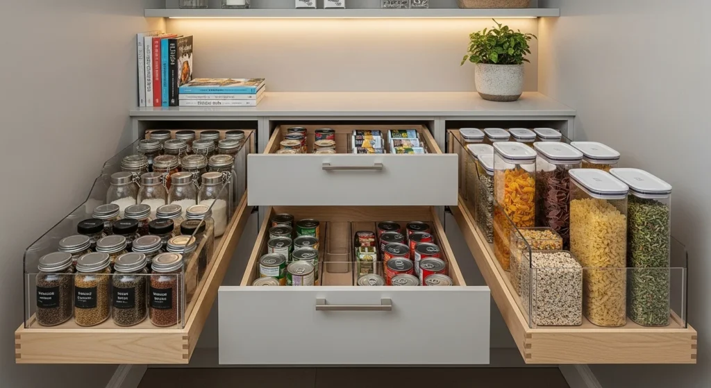 Small pantry featuring built-in pull-out drawers for organized food storage