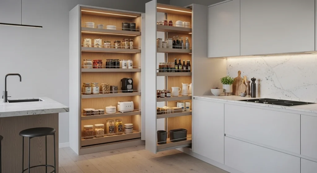 Efficient corner hidden pantry with pull-out shelves maximizing unused kitchen space.