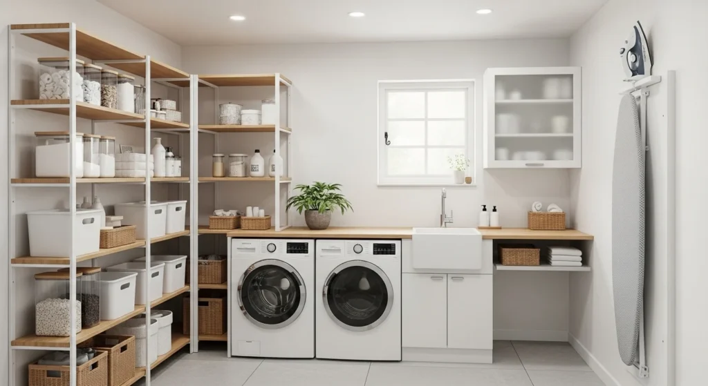 Small laundry room corner converted into smart pantry shelving storage