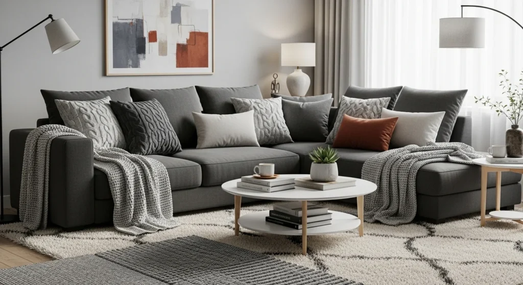 Modern gray living room with black accent decor creating a clean high-contrast look