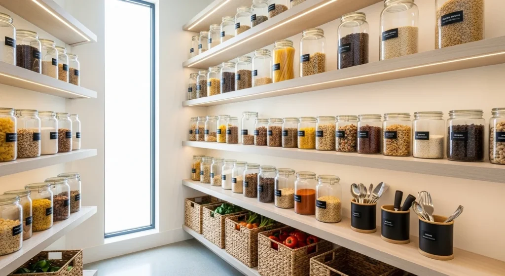 Open shelf pantry with glass jars and neatly arranged items in a modern kitchen