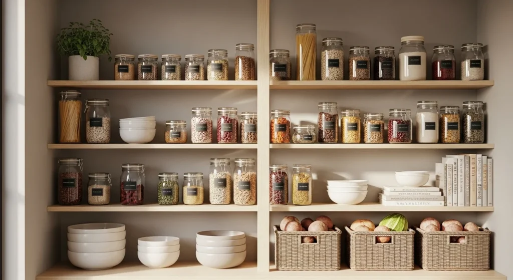 Open shelf kitchen food pantry with glass jars and neatly arranged ingredients