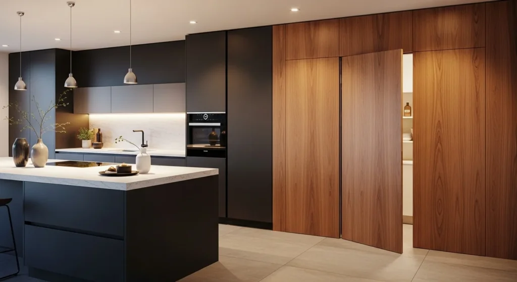 Kitchen pantry door hidden behind a decorative feature wall for a luxury look