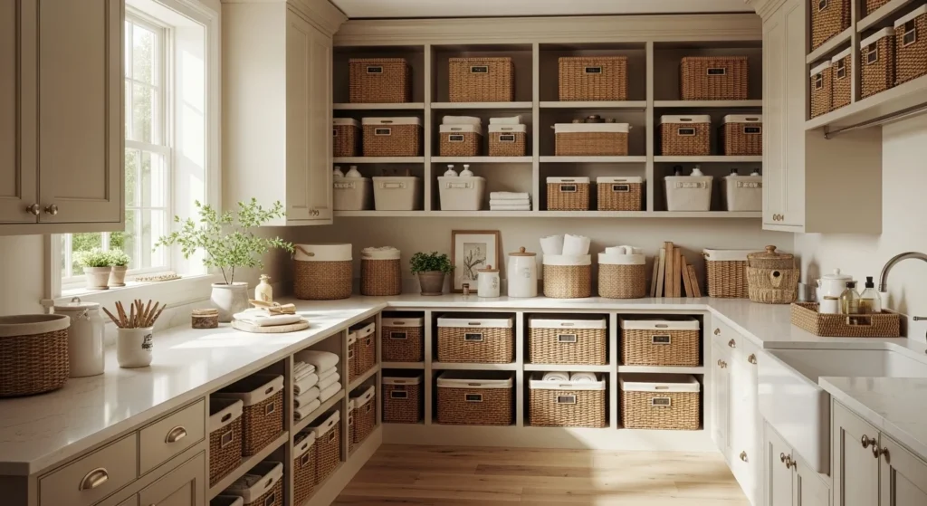 Laundry room pantry using baskets to organize food and household items neatly