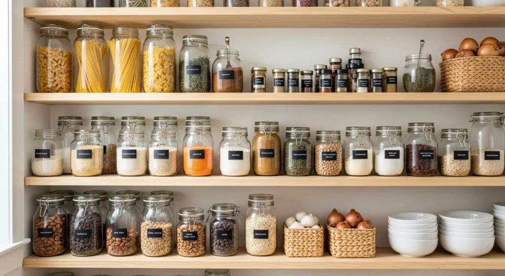 Open shelf pantry with glass jars and neatly arranged food items