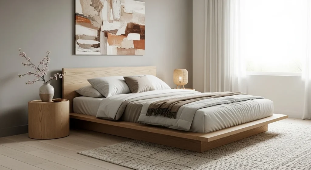 Japandi bed with low wooden frame and neutral tones for a calm minimalist bedroom