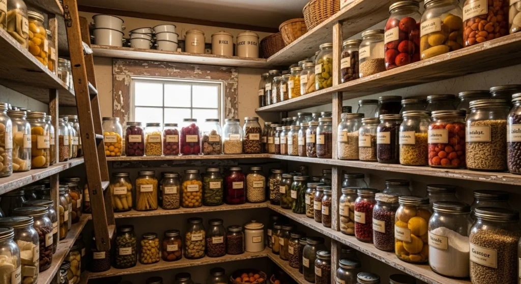 Farmhouse pantry styled with vintage jars and rustic shelving