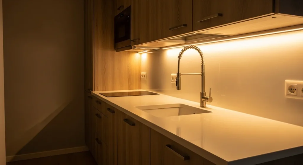 Small kitchen with under-cabinet lighting and warm ambient lights improving visibility and spa