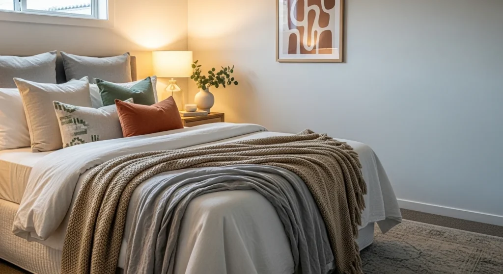 Cozy guest bedroom featuring layered textiles and soft furnishings for a welcoming 2026 look