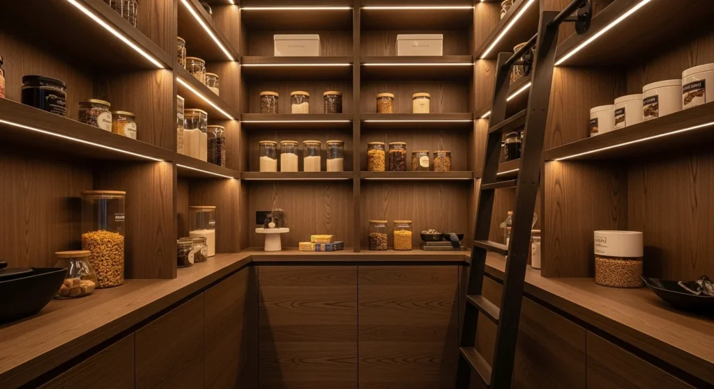 Dark-toned narrow walk-in pantry with modern lighting for a stylish 2026 look