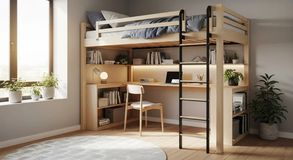 Loft bed with sliding ladder for safe access in a compact 2026 bedroom
