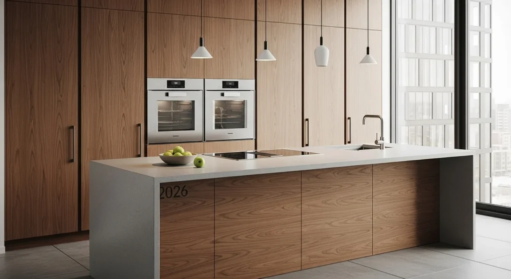 Modern walnut kitchen with sleek cabinetry and integrated appliances, warm 2026 interior