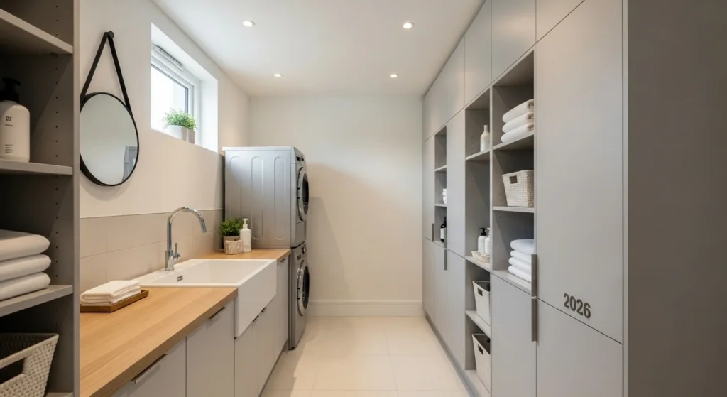Tall vertical storage cabinets maximizing space in modern laundry room, 2026 design