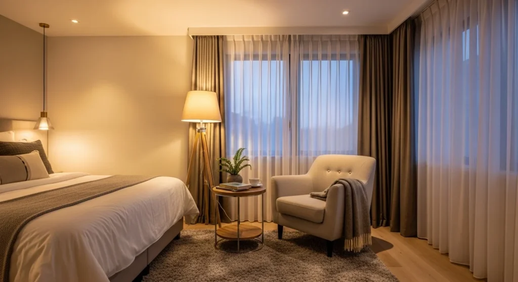 Bedroom design featuring a lounge seating area for relaxation and reading