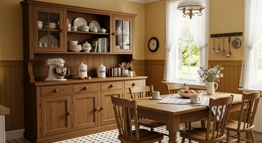 Vintage kitchen styled with freestanding furniture pieces