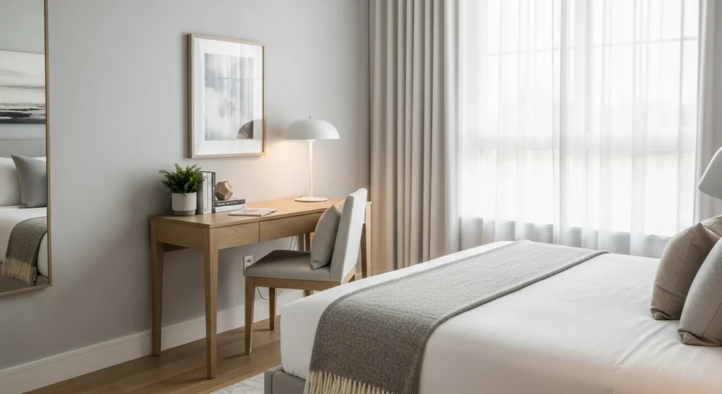 Guest bedroom featuring a compact desk and chair with a clean modern layout