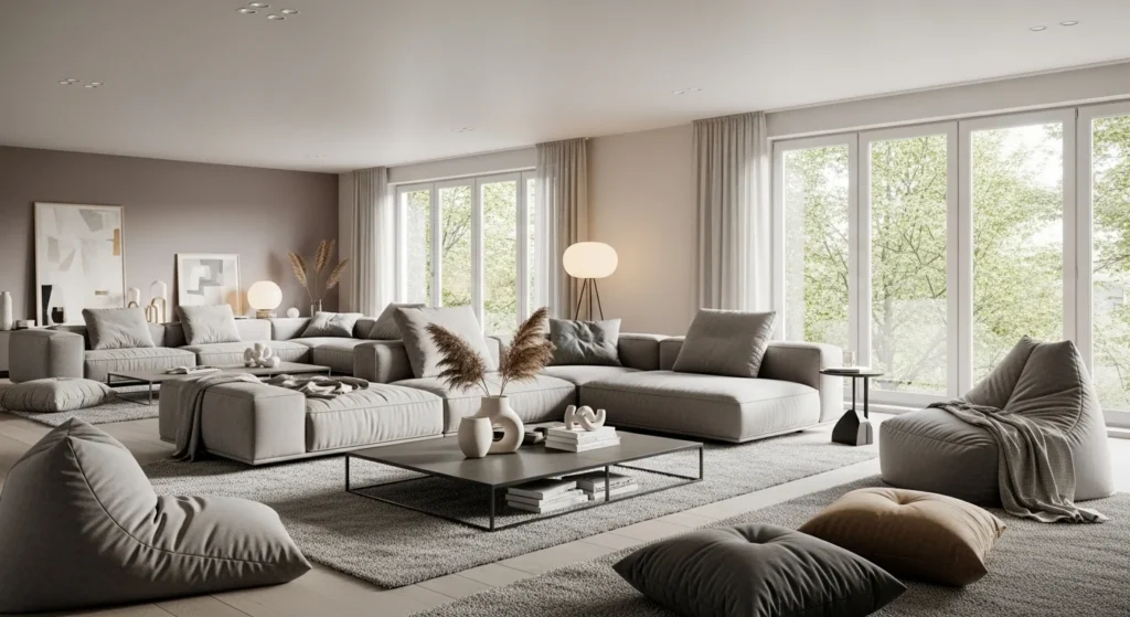 Modern living room featuring low-profile seating design