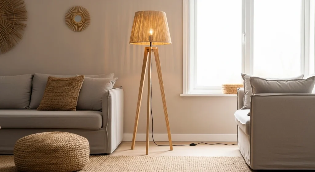 Wooden floor lamp in living room with natural textures