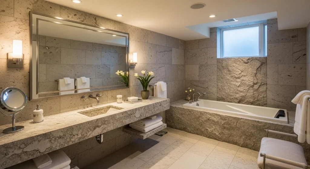 asement bathroom featuring marble and natural stone walls and countertops
