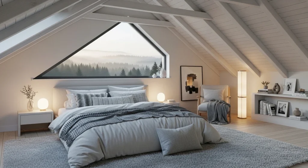 Attic bedroom with neutral colors, soft textures, and cozy design