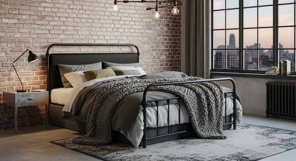 Bedroom with exposed brick walls, metal furniture, and layered textiles