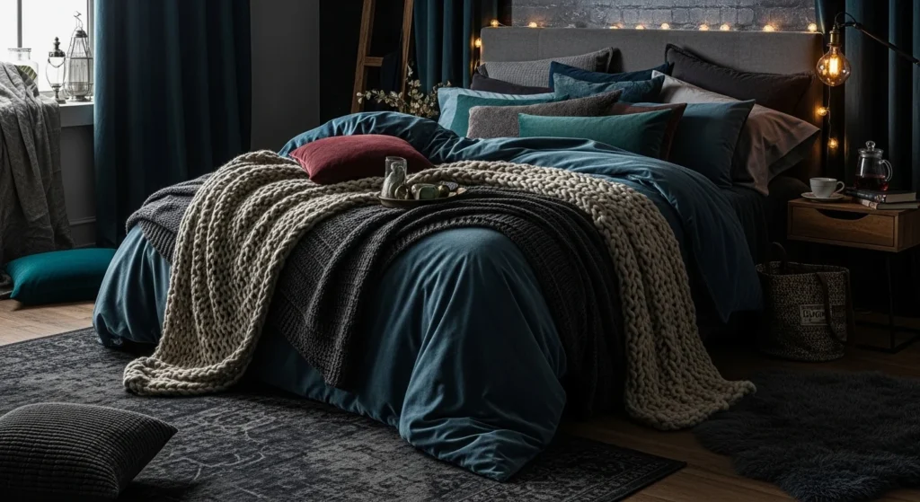 Moody bedroom featuring layered textiles and cozy fabrics