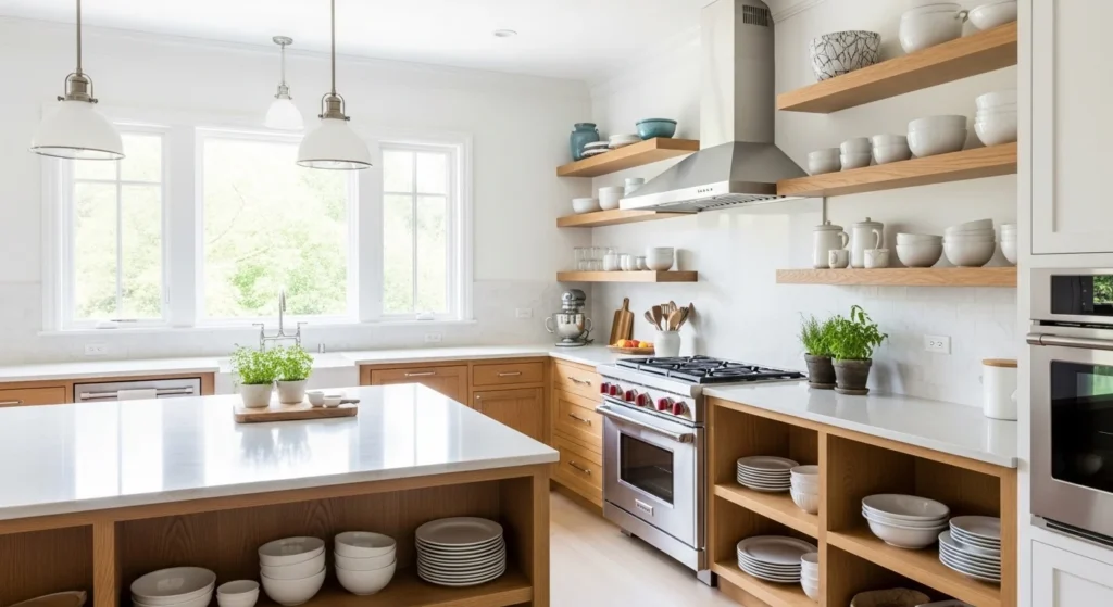 Kitchen with oak open shelves adding warmth and functionality