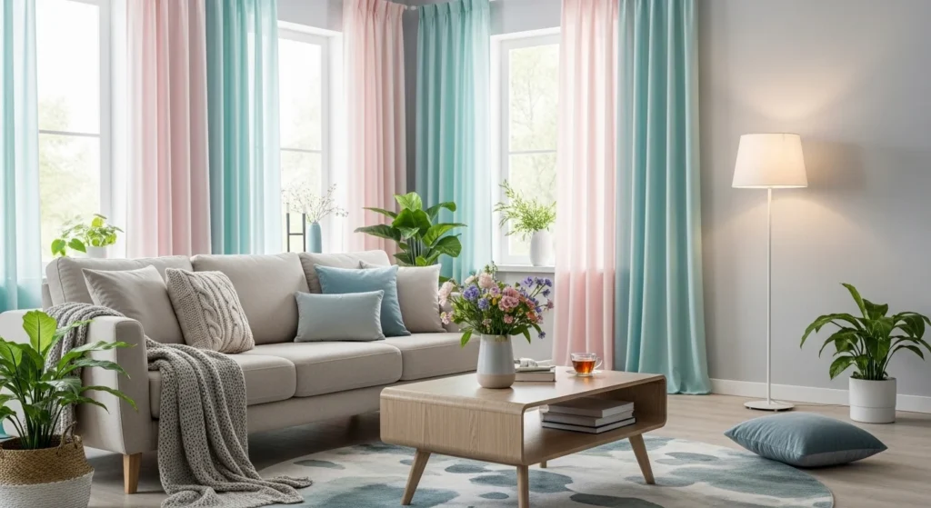 Living room with soft pastel curtains adding gentle color