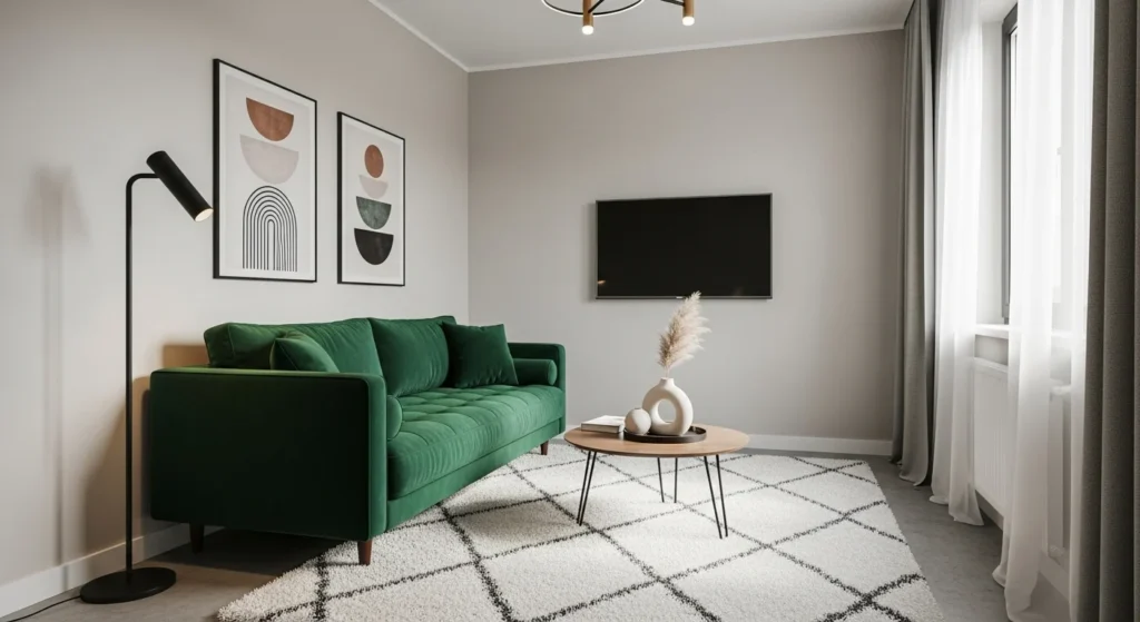 Compact living room featuring a statement sofa as the focal point with minimal surrounding decor