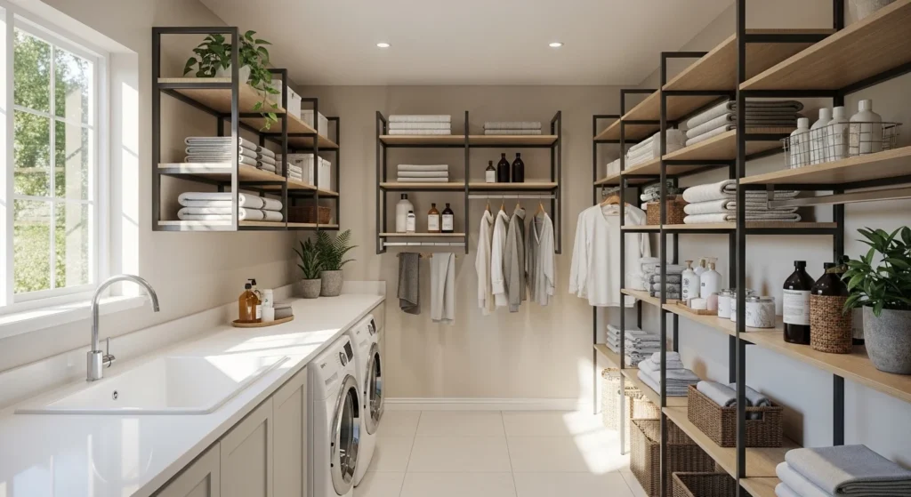 Laundry room with adjustable shelving system for flexible storage