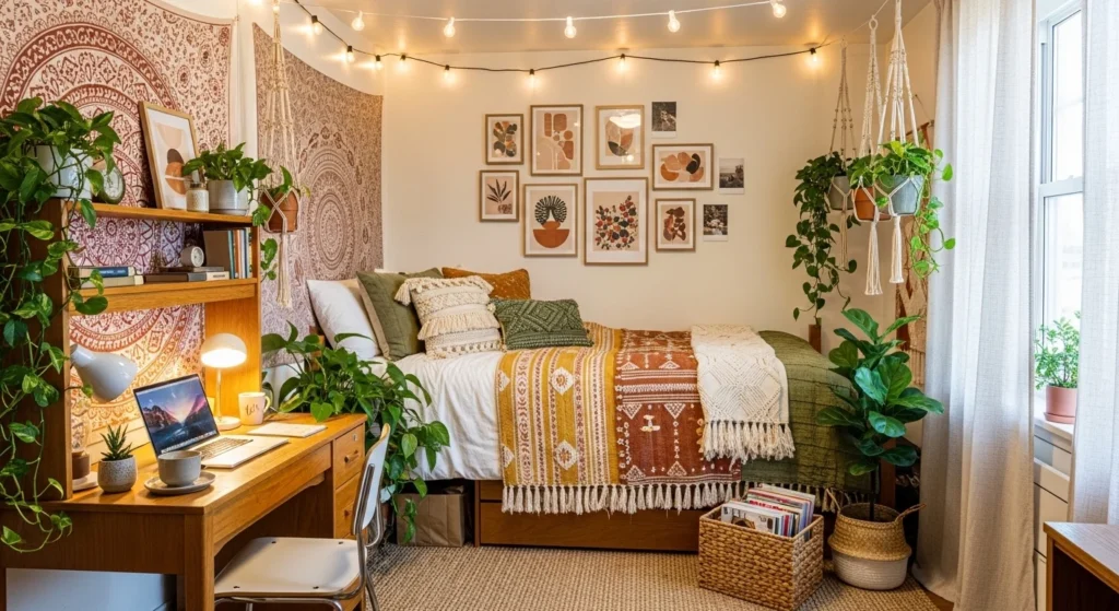 Boho-style dorm room with layered textures and plants