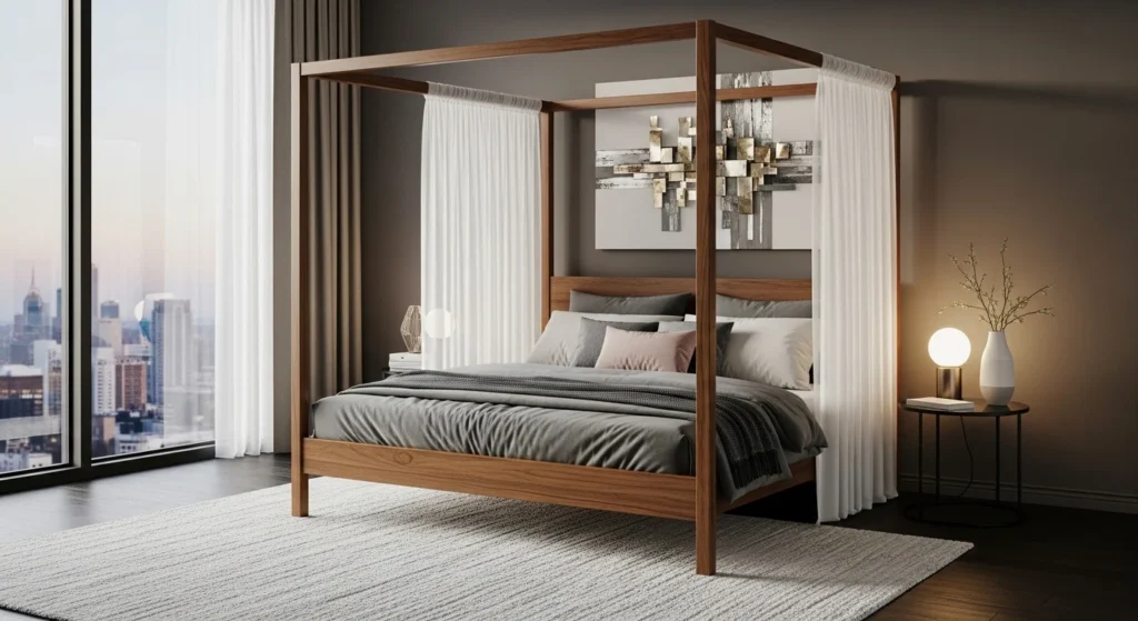 Wooden canopy bed with sleek frame and sheer drapes in modern bedroom