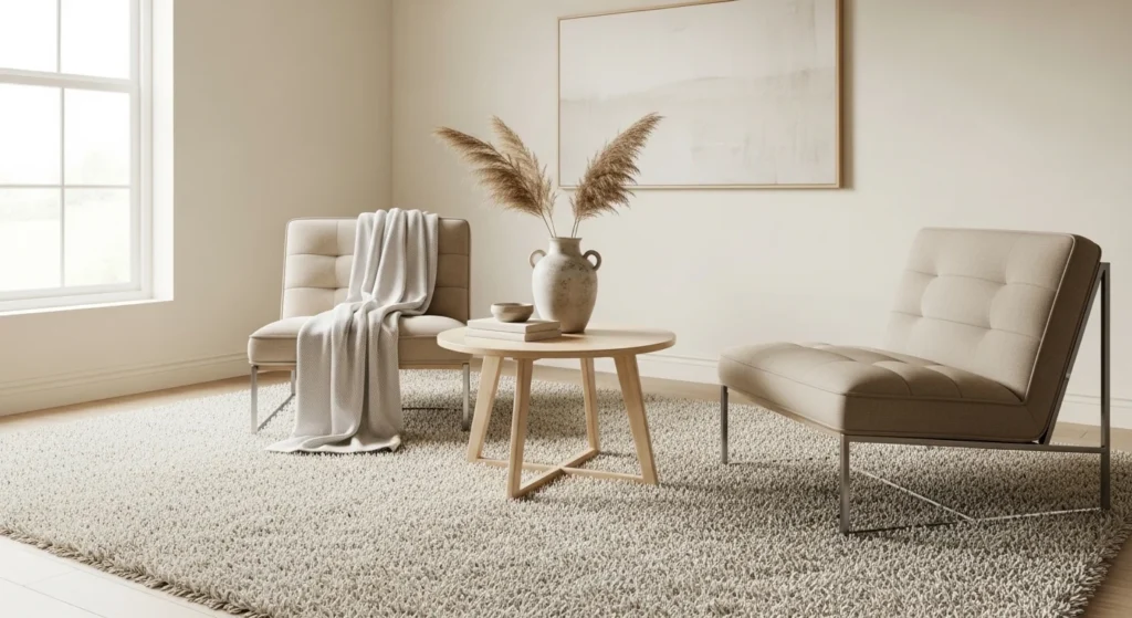 Soft and plush shag rug in cozy living room seating area