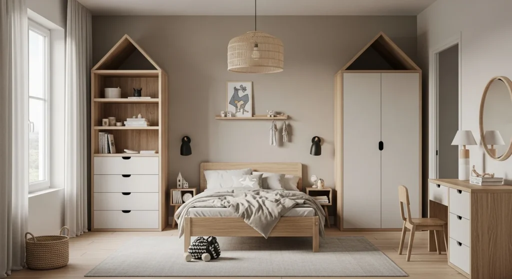 Boys bedroom with natural wood furniture, neutral walls, and minimalist Scandinavian design
