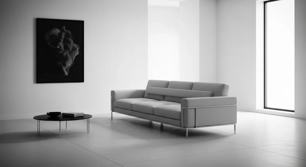 le: Monochrome Minimal Sofa
Alt Text: Monochrome minimalist sofa in black and white living room