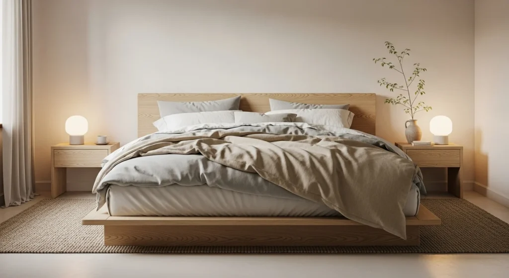 Japandi-inspired cozy bedroom with low bed, light wood furniture, and calm neutral tones