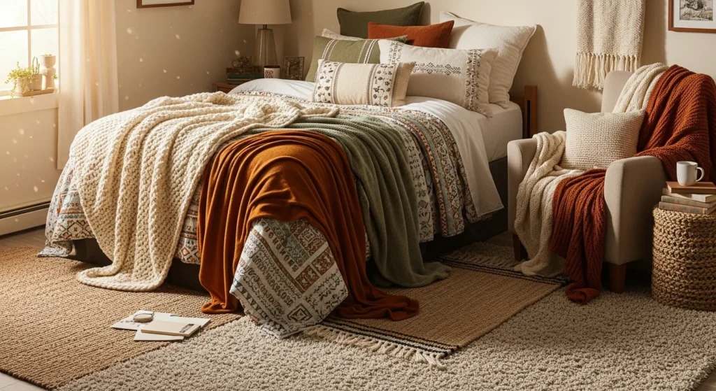 Dorm room with layered rugs, throw blankets, and cozy cushions