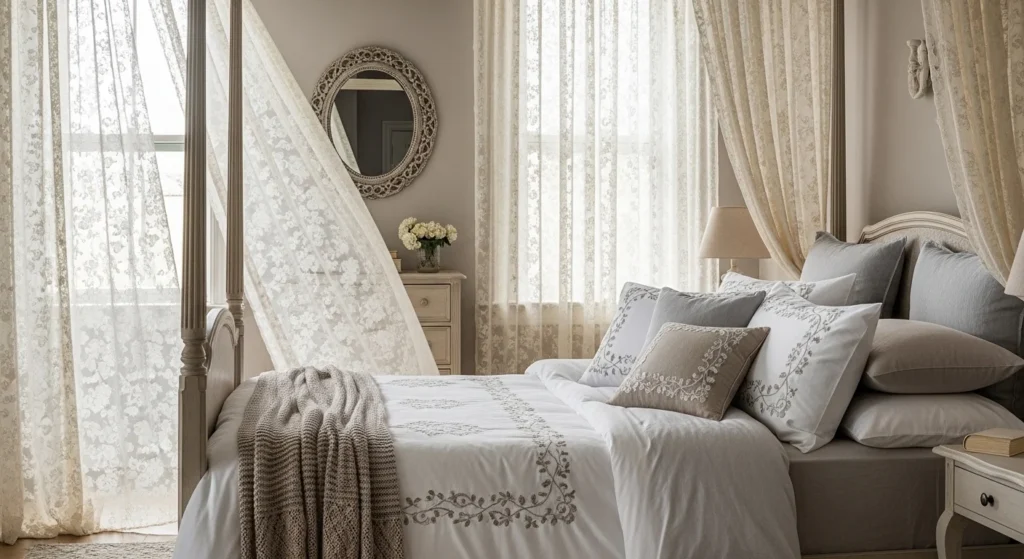 Vintage bedroom with lace curtains and embroidered bedding