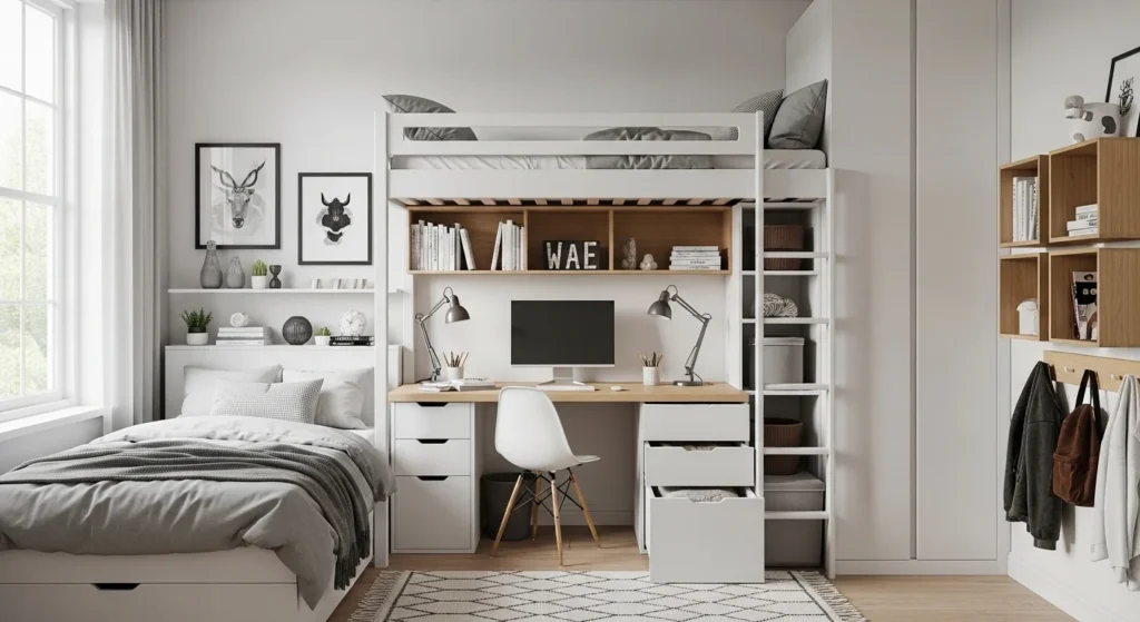 Small teen bedroom with loft bed and built-in desk