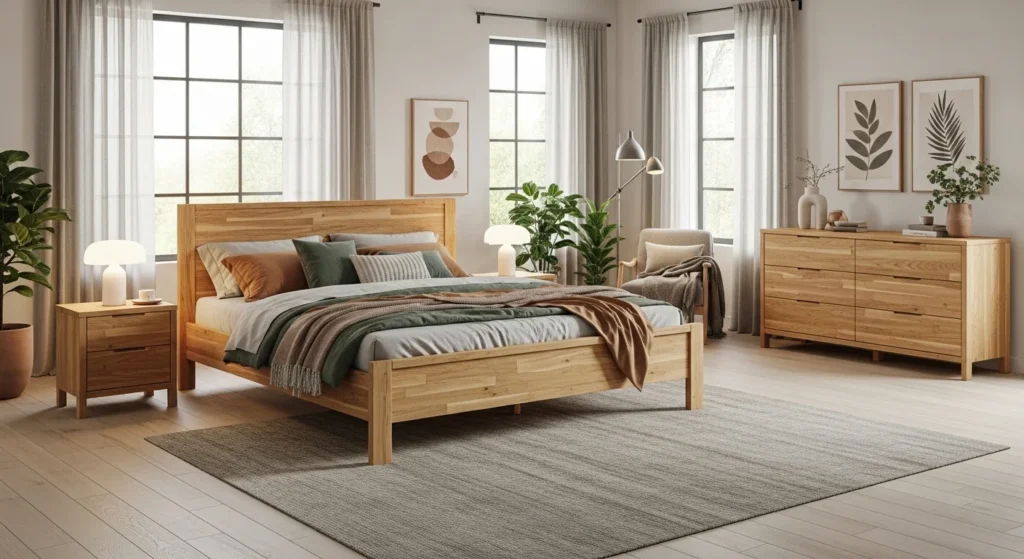 Bedroom remodel with natural wood bed frame and warm wood accents