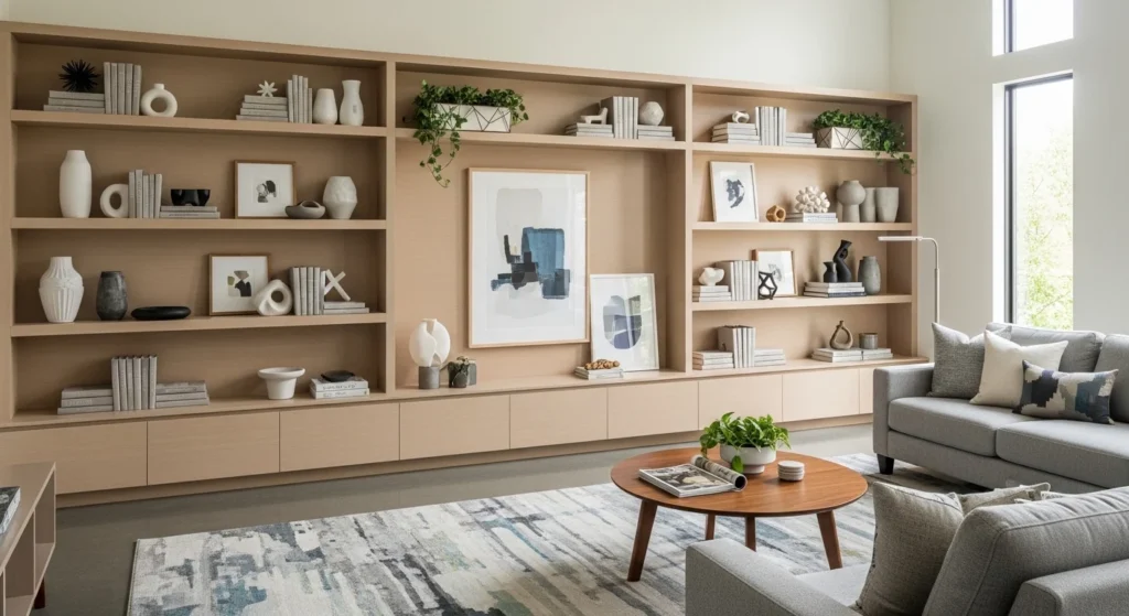 Living room with built-in shelves and cabinets, displaying decor and books