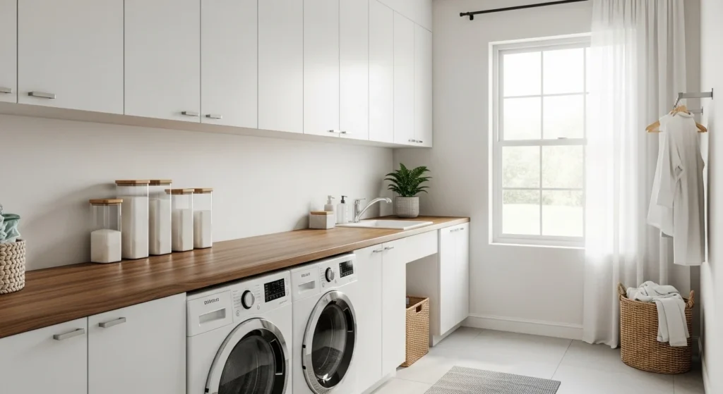 Modern laundry room featuring a long folding countertop and organized cabinets