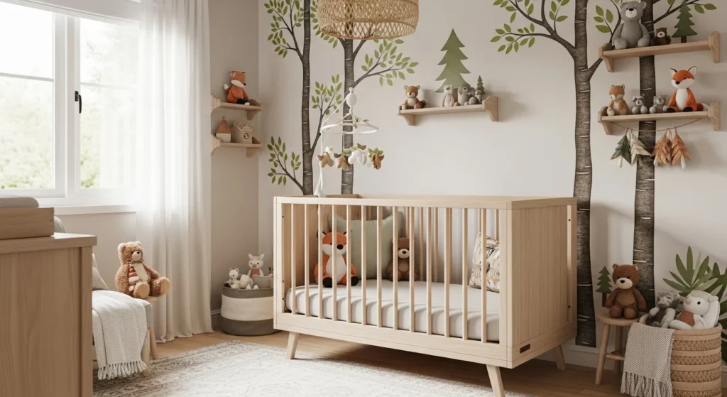 Woodland nursery with forest animal decor and tree wall decals