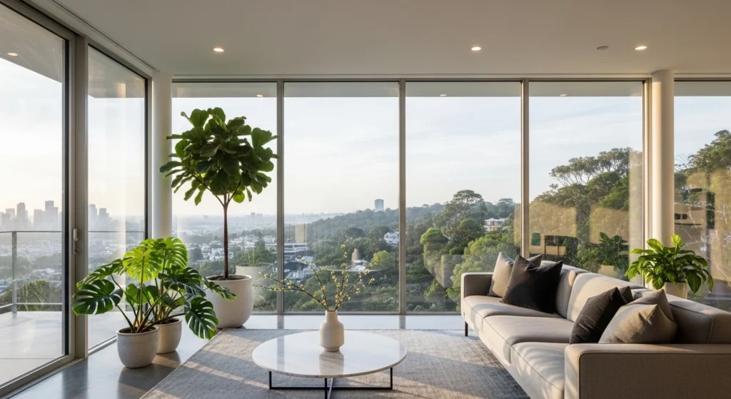 Modern parlor with glass walls, minimalist furniture, indoor plants, and natural light