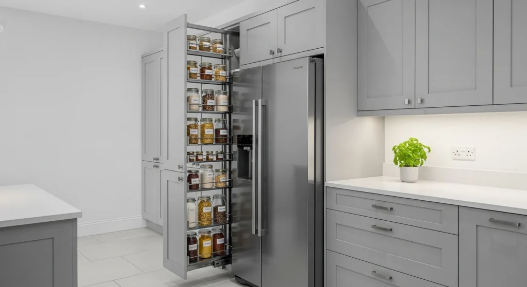 Narrow vertical pantry pull-out with spice jars and small kitchen items