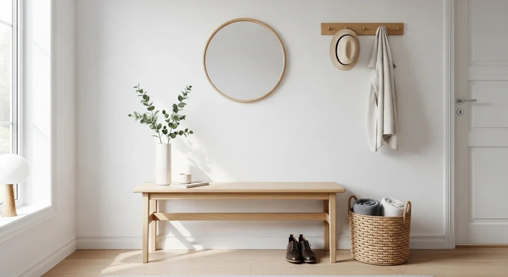 Scandinavian entryway with light wood bench and clean white interior