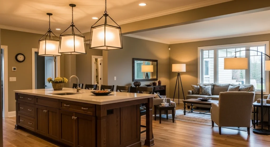 Open kitchen living room with bold pendant lights over the island and warm lamps in the seating area