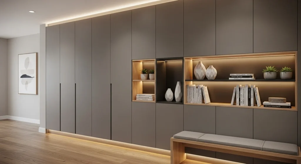 Organized hallway with built-in cabinets and hidden storage design