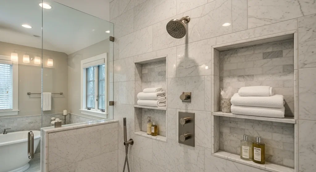 Modern shower featuring built-in wall niches for shampoo and soaps with marble finish